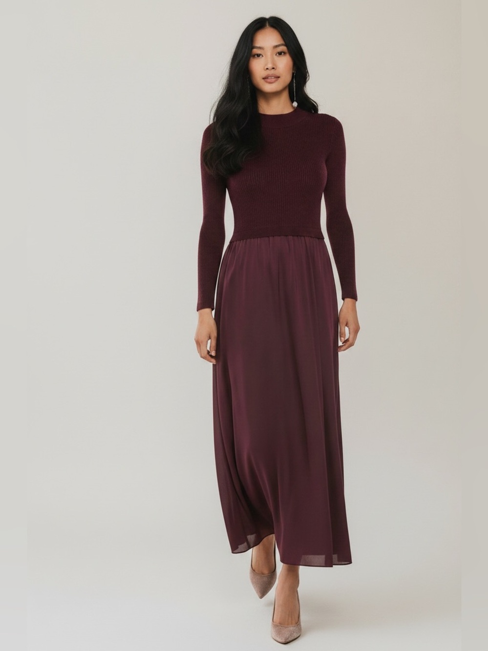 TAYLOR Burgundy Satin Skirt Sweater Dress